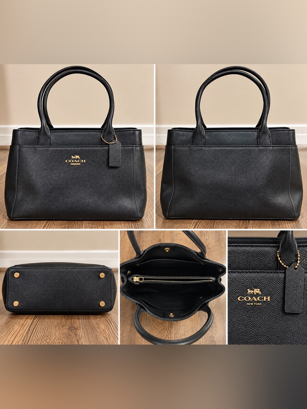 Coach Black Leather Shoulder Tote with Gold Logo